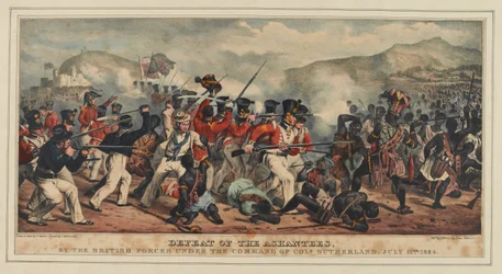 Ashantees nederlag av de brittiska styrkorna under befäl av överste Sutherland, 11 juli 1824, publicerad av J. Ronis, 1825